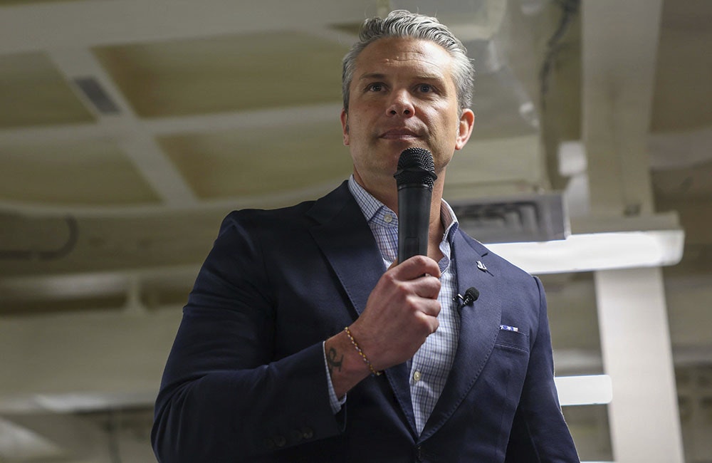 Pete Hegseth addresses sailors aboard pre-commissioning Unit John F. Kennedy (CVN 79) on Jan. 5, 2026.