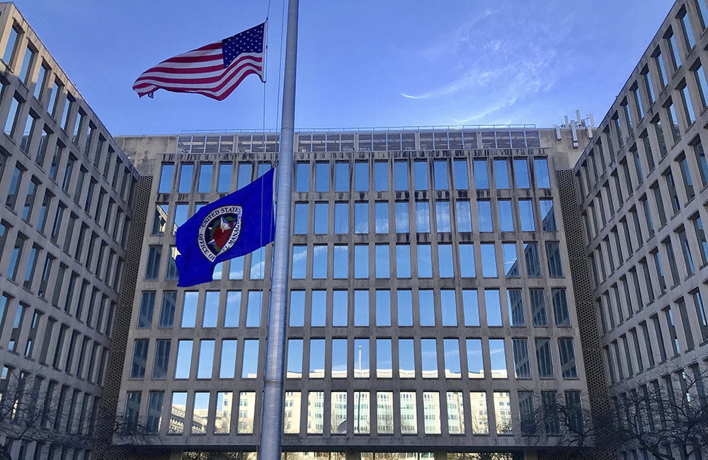 Flags are shown at OPM headquarters in D.C. in 2018.