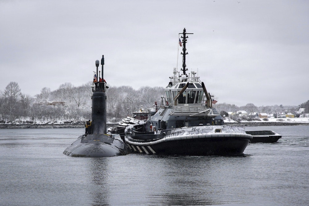 The Virginia-class attack submarine USS New Mexico arrives at Portsmouth Naval Shipyard in Maine for a scheduled maintenance period on Feb. 21, 2026.
