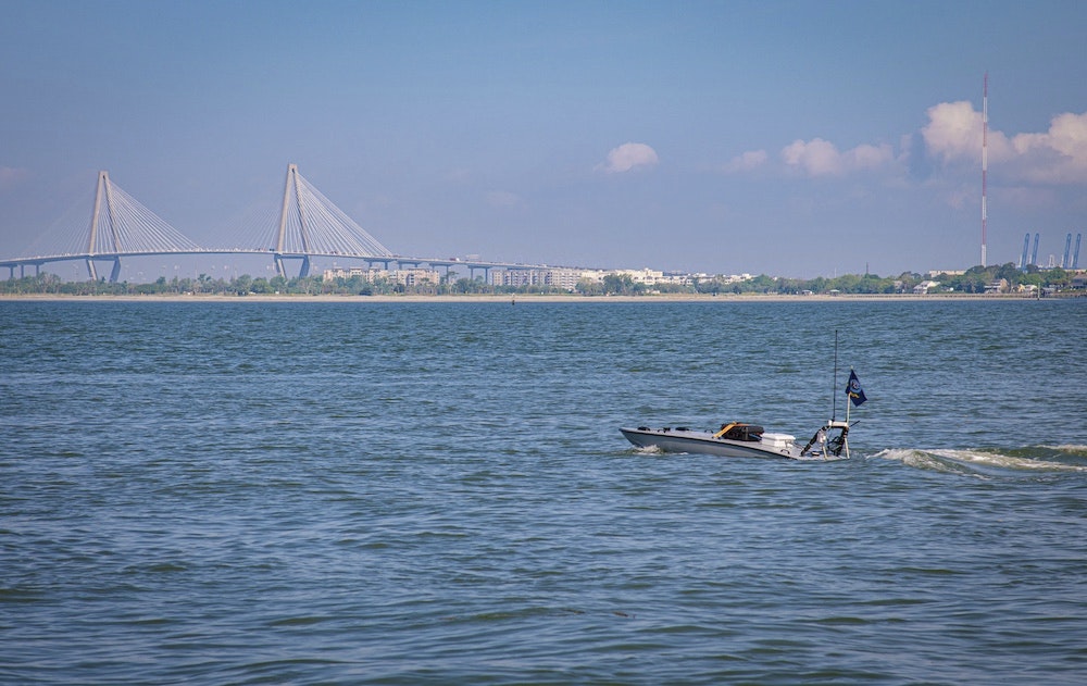 An unmanned surface vessel (USV) operates off Sullivan’s Island, South Carolina, on April 5, 2023.