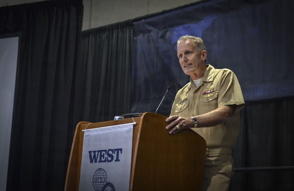 Vice Adm. Mike Vernazza, commander of Naval Information Forces, speaks at AFCEA/USNI WEST 2026 in San Diego on Feb. 10, 2026.