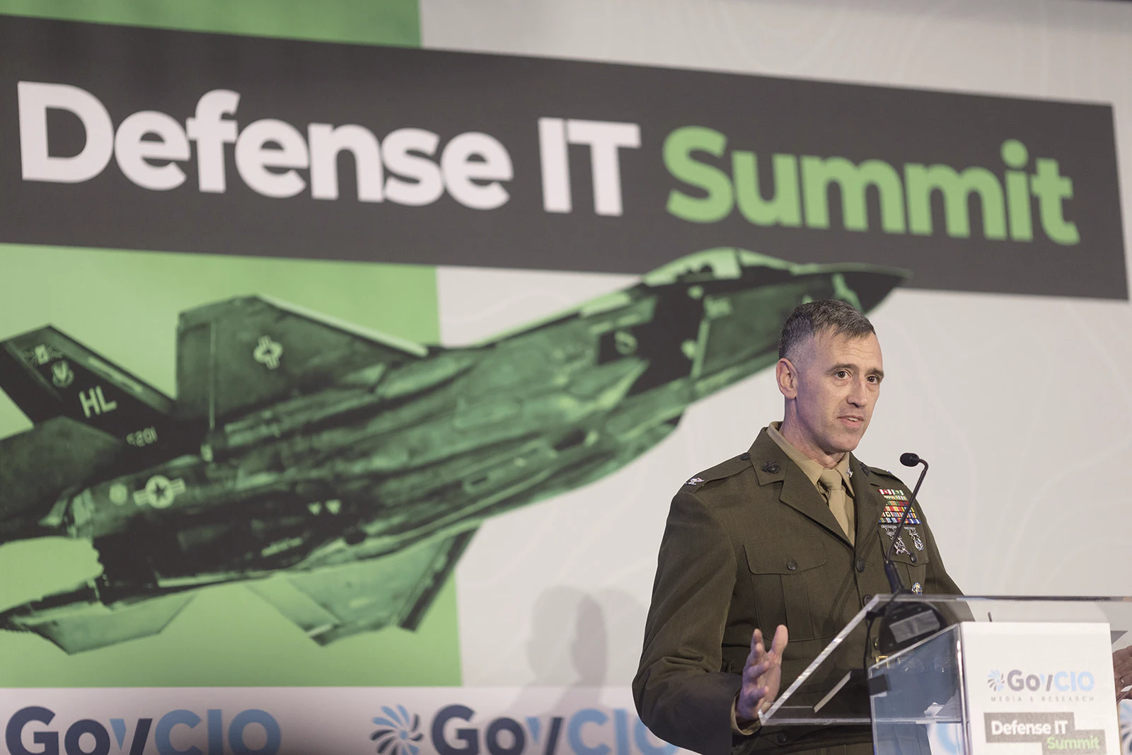 Col. Scott Humr, director of Science and Technology for the Joint Interagency Task Force 401, speaks at the GovCIO Media & Research Defense IT Summit in Arlington, Virginia, on Feb. 26, 2026.