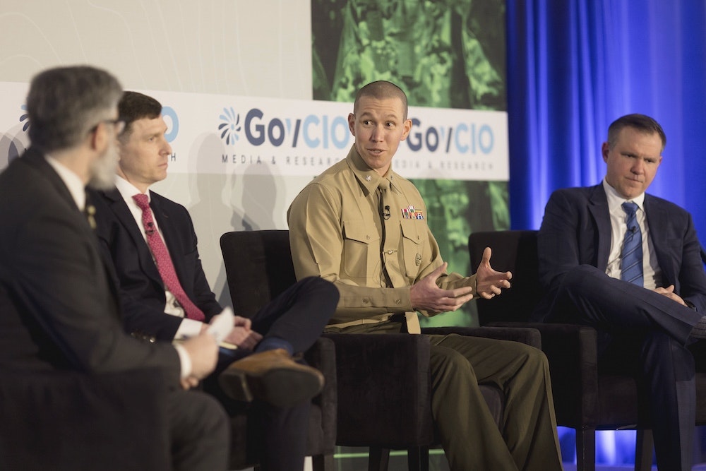 Lt. Col. Benjamin Pimentel, assured C2 lead of Project Dynamis at the Marine Corps, speaks at GovCIO Media & Research's Defense IT Summit on Feb. 26, 2026, in Arlington, Virginia.