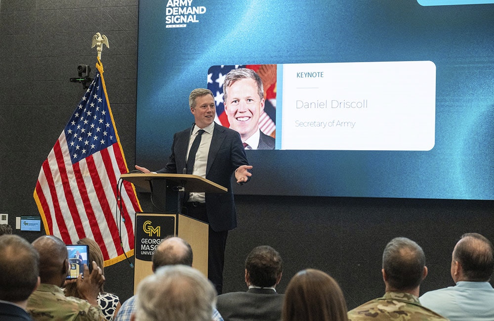 Secretary of the Army Dan Driscoll announces the Army FUZE innovation engine at the George Mason University Arlington Annex, Sept. 15, 2025.