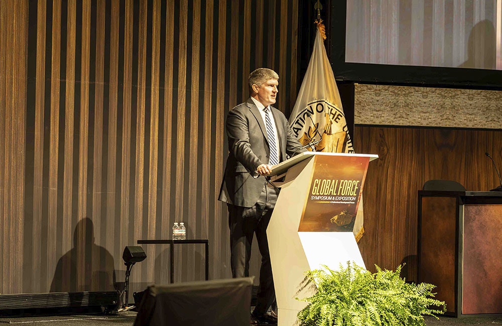 Deputy Under Secretary of the Army David Fitzgerald speaks during the opening ceremony of the Association of the United States Army’s Global Force Symposium and Exhibition, March 25, 2026, in Huntsville, Alabama.