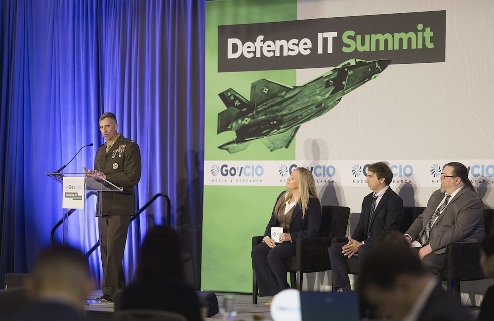 Col. Scott Humr, director of Science and Technology for the Joint Interagency Task Force 401, speaks at the GovCIO Media & Research Defense IT Summit in Arlington, Virginia, on Feb. 26, 2026.