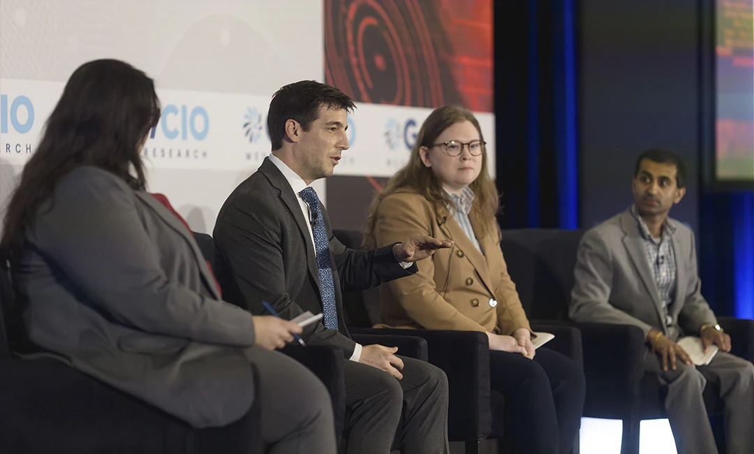 Photo from GovCIO Media & Research's CyberScape: The Federal Cybersecurity Summit on April 16, 2026. Image shows the securing critical infrastructure panelists featuring Carter Farmer, CIO, EPA (left), Cheri Pascoe, Director, National Cybersecurity Center of Excellence (NCCoE), NIST (center) and Shery Thomas Enterprise IT Officer, Navy Installations Command (right).