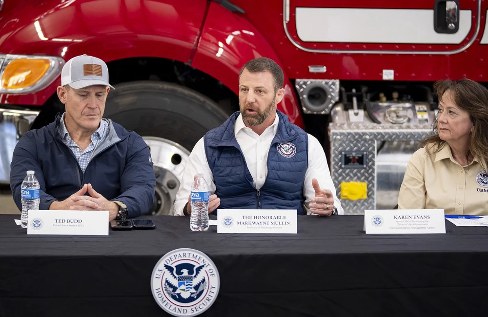 Secretary of Homeland Security Markwayne Mullin participates in a roundtable with state and local officials in Bat Cave, North Carolina, April 7, 2026. (DHS photo by Tia Dufour)