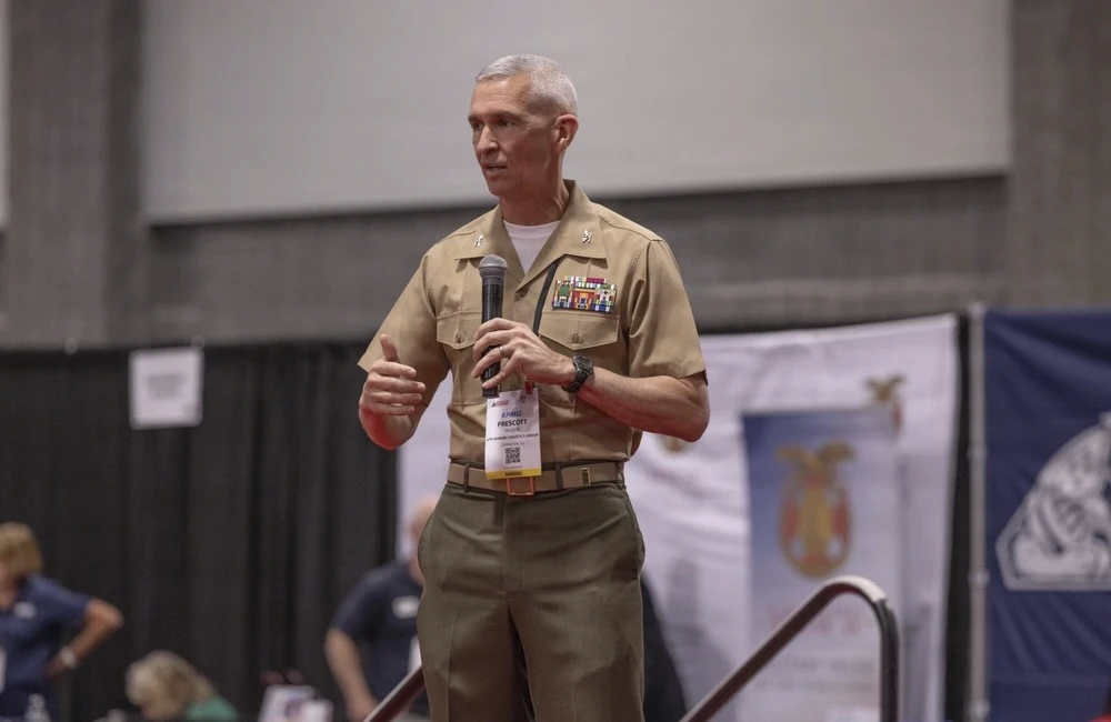 U.S. Marine Corps Col. Prescot Wilson, 4th Marine Logistics Groups Chief of Staff, speaks about a PULSE Check during Modern Day Marine 2026 at the Walter E. Washington Convention Center in Washington, D.C., on April 28, 2026.