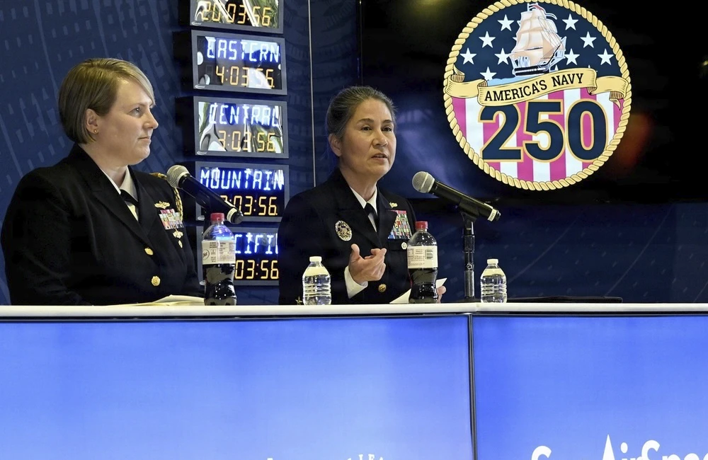 Naval Information Forces Chief of Staff, Capt. Christi Montgomery and Office of the Chief of Naval Operations Director of Warfighting Integration Directorate Rear Adm. Susan Bryer Joyner speak during a panel at Sea Air Space 2026 on Monday, April 20, 2026.