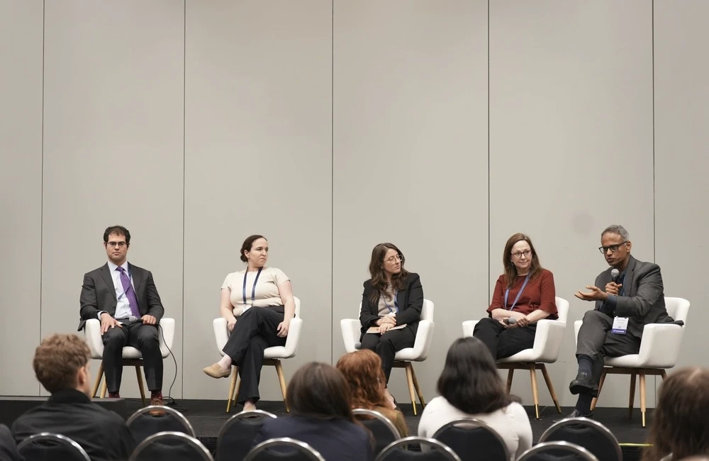 NIST’s Jesse Dunietz, Center for Democracy and Technology’s Miranda Bogen, AWS’s Elaine Newton, NIST’s Stevie Bergman and Carnegie Mellon University’s Ramayya Krishnan speak during the 2026 AI+Expo on May 6, 2026, in Washington, D.C.