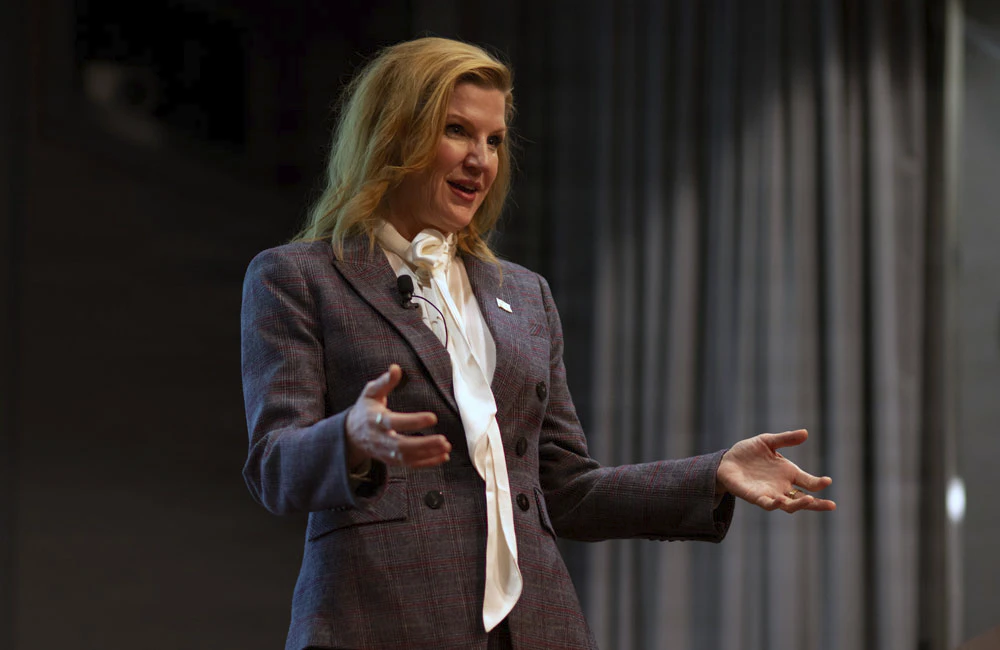 War Department CIO Kirsten Davies delivers remarks at a CIO town hall at the Mark Center in Alexandria, Virginia, on Feb. 10, 2026.