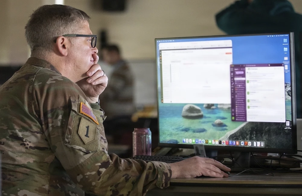 A National Guardsman prepares to support the red team during Cyber Yankee 2026 at Camp Nett in Niantic, Connecticut, May 11, 2026.