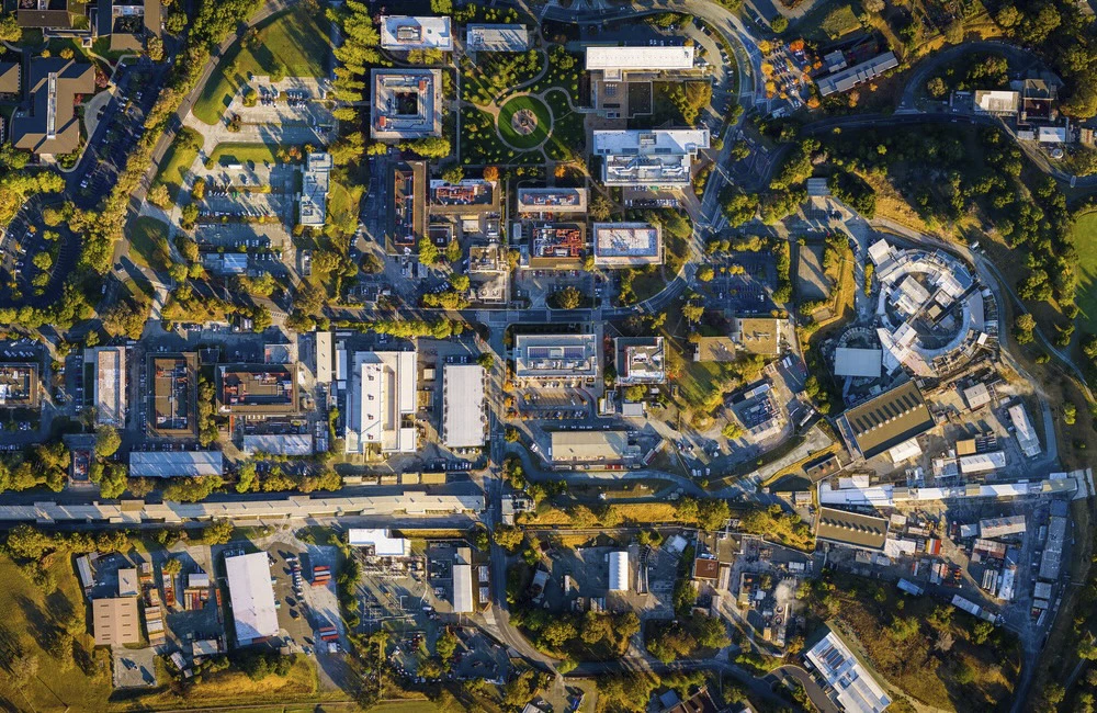 SLAC main campus from above at sunrise (Olivier Bonin / SLAC National Accelerator Laboratory).