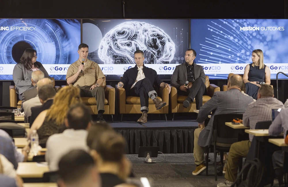 Marine Corps' Christopher Clark, Filevine Federal's Will Erb, Oak Ridge National Laboratory's Rafael Ferreira da Silva and Okta's Mallory Sword Glenn speak during GovCIO Media & Research's Federal AI Forum August 14 in Reston, Virginia about agentic AI and governance strategies.