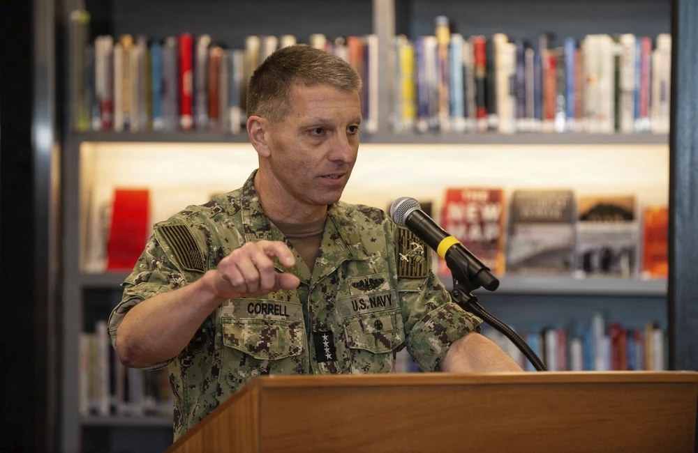 Adm. Rich Correll, commander, U.S. Strategic Command, speaks during the Chief Master Sgt. Richard Etchberger Command Library dedication ceremony at USSTRATCOM headquarters on Offutt Air Force Base, Nebraska, May 7, 2026.