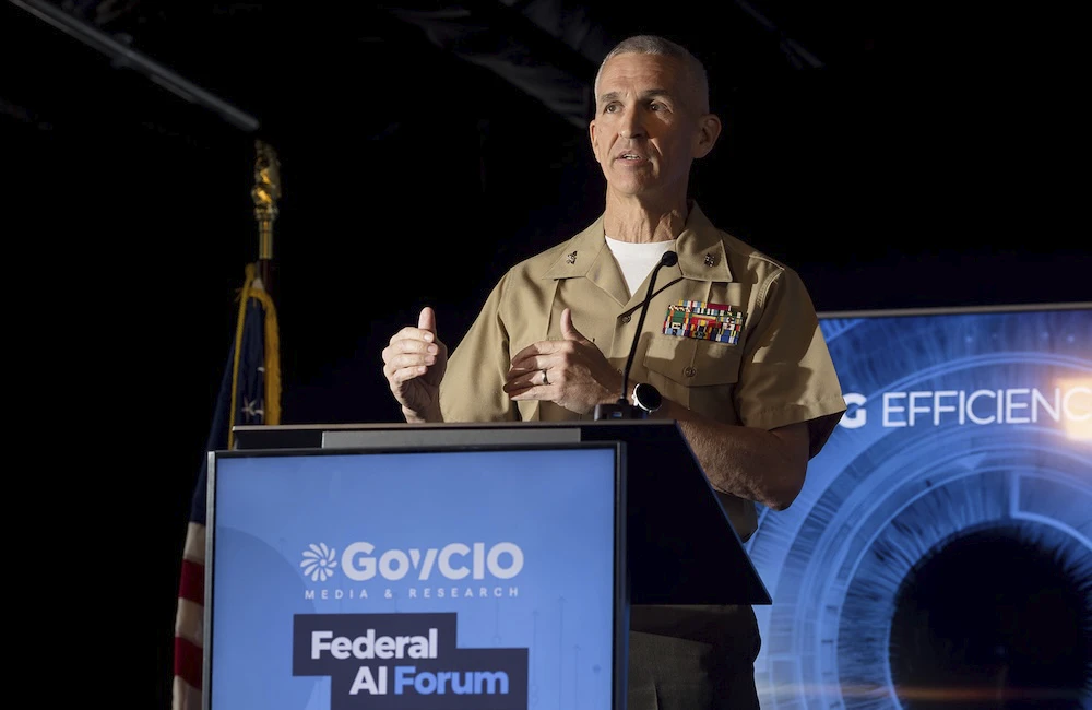 4th Marine Logistics Group Chief of Staff Col. Scott Wilson speaks at GovCIO Media & Research's Federal AI Forum on Aug. 13, 2026, in Reston, Virginia.
