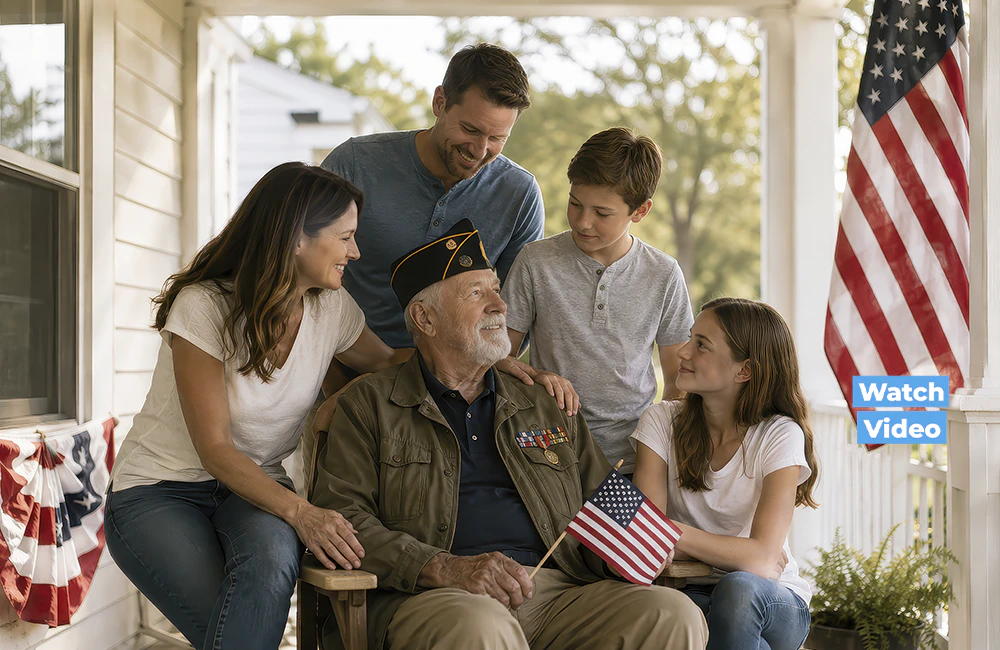 An elderly US veteran surrounded by his family on the porch