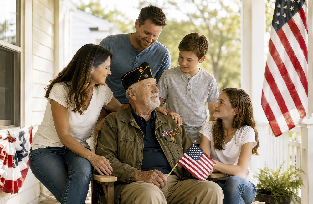 And elderly US veteran surrounded by his family on the porch