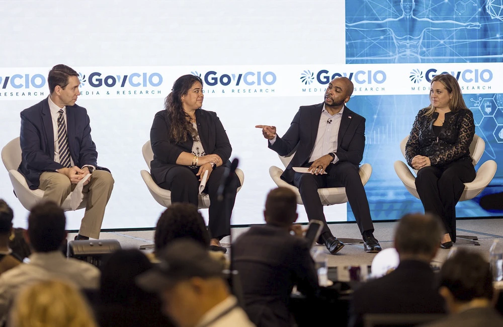 NIH's Chris Kinsinger, NHLBI's Sweta Ladwa, CMS's Patrick Newbold and Equinix's Christine Pacheco speak at the 2026 Health IT Summit in Bethesda, MD.