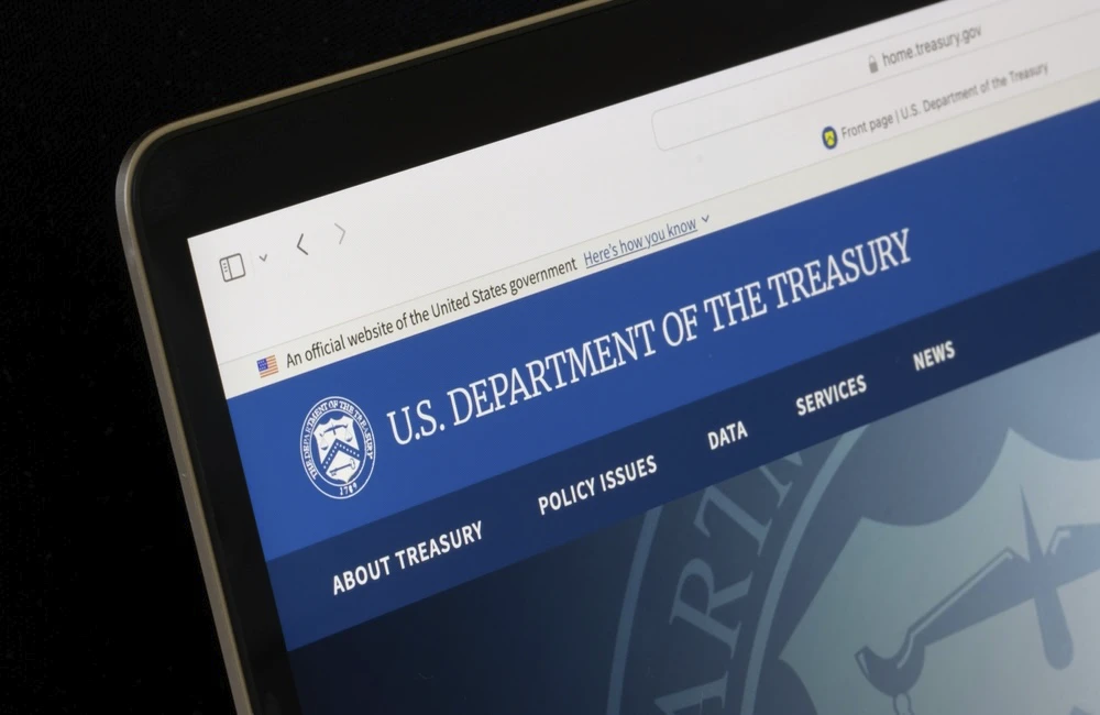The Department of Treasury website home page on a computer screen.